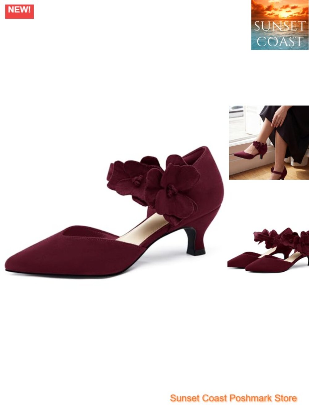 Womens Kitten Heels Suede Pointed Toe Flower Ankle Strap Pumps Formal Party
